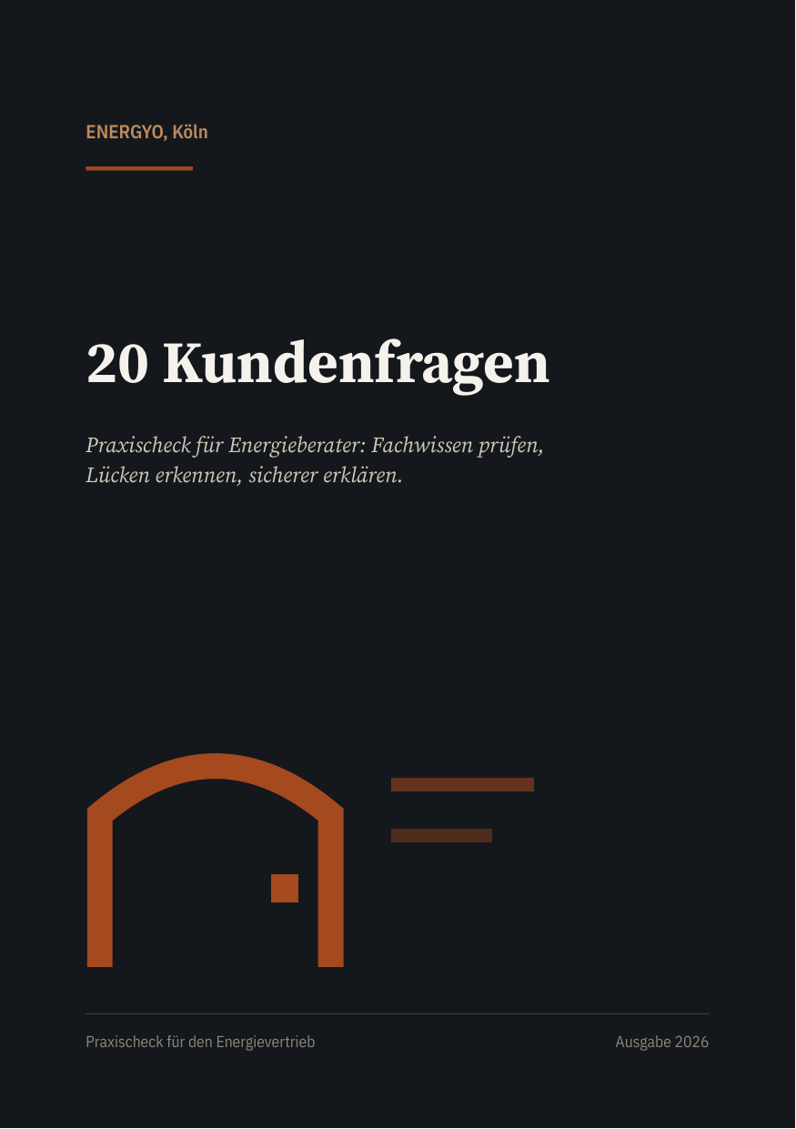 Titelblatt: 20 Kundenfragen, Praxischeck für den Energievertrieb